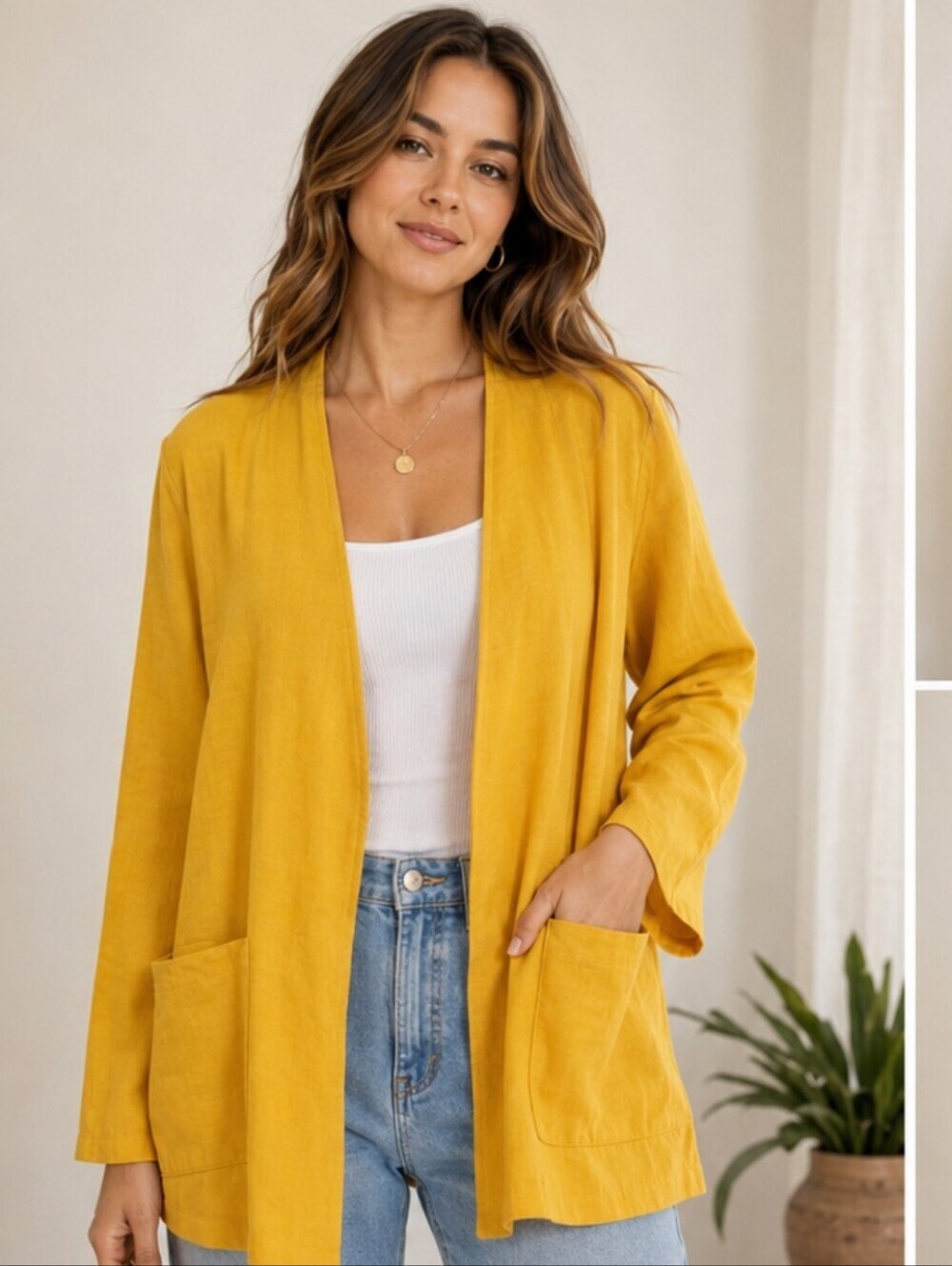 Vintage Lloyd Williams Mustard Yellow linen blend Open Front Cardigan Jacket. M